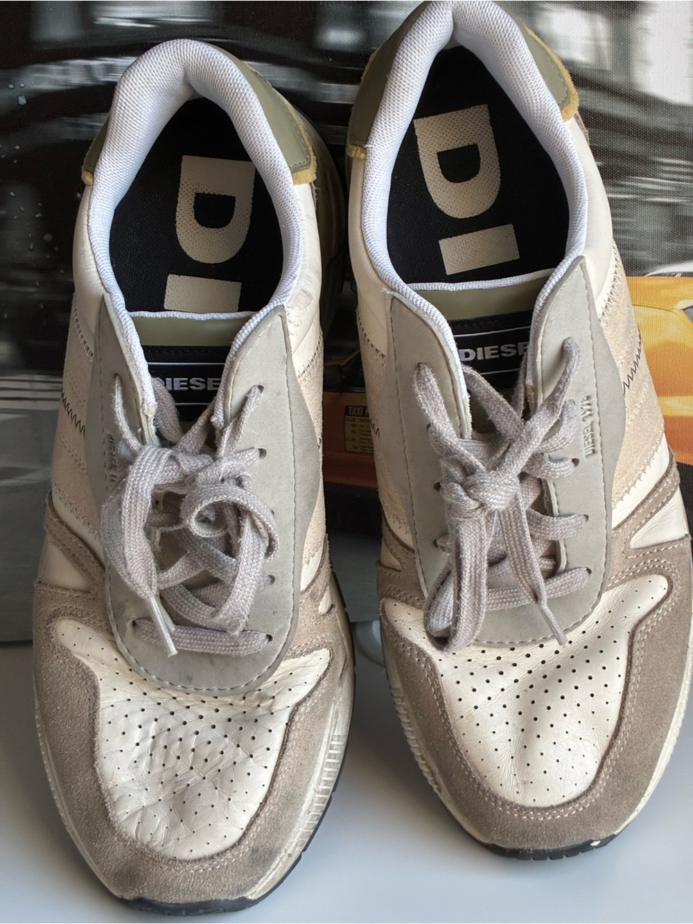 Diesel Men’s Beige, White and Taupe Suede-Trim Sneakers